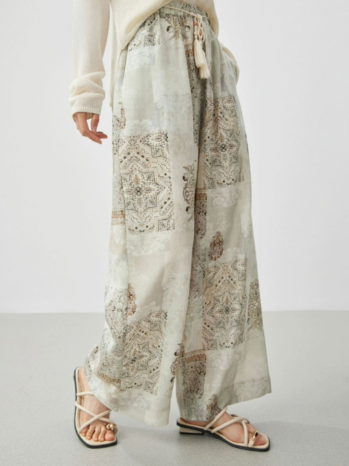 Boho Vintage Printed Drawstring Tassel Wide Leg Pants | Relaxed Fit Drape Casual Trousers