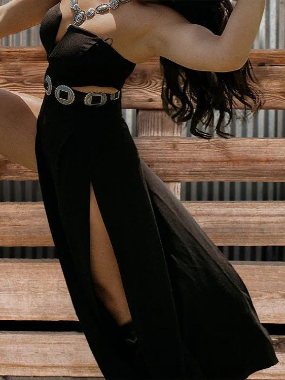 Vintage Western Style Tube Top Cutout High Slit Wide Leg Jumpsuit | Y2K Slimming Romper