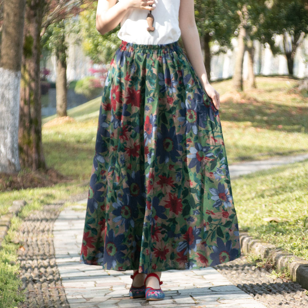 Cotton and linen printed maxi skirt | Retro ethnic style elastic waist midi skirt