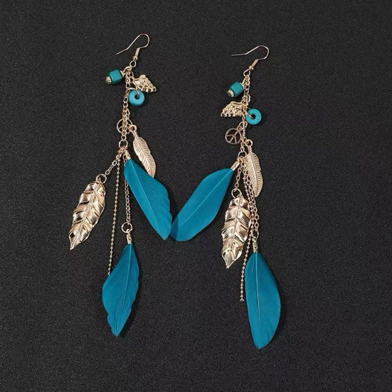 Boho Blue Feather Tassel Earrings | Ethnic Style Niche Design Jewelry