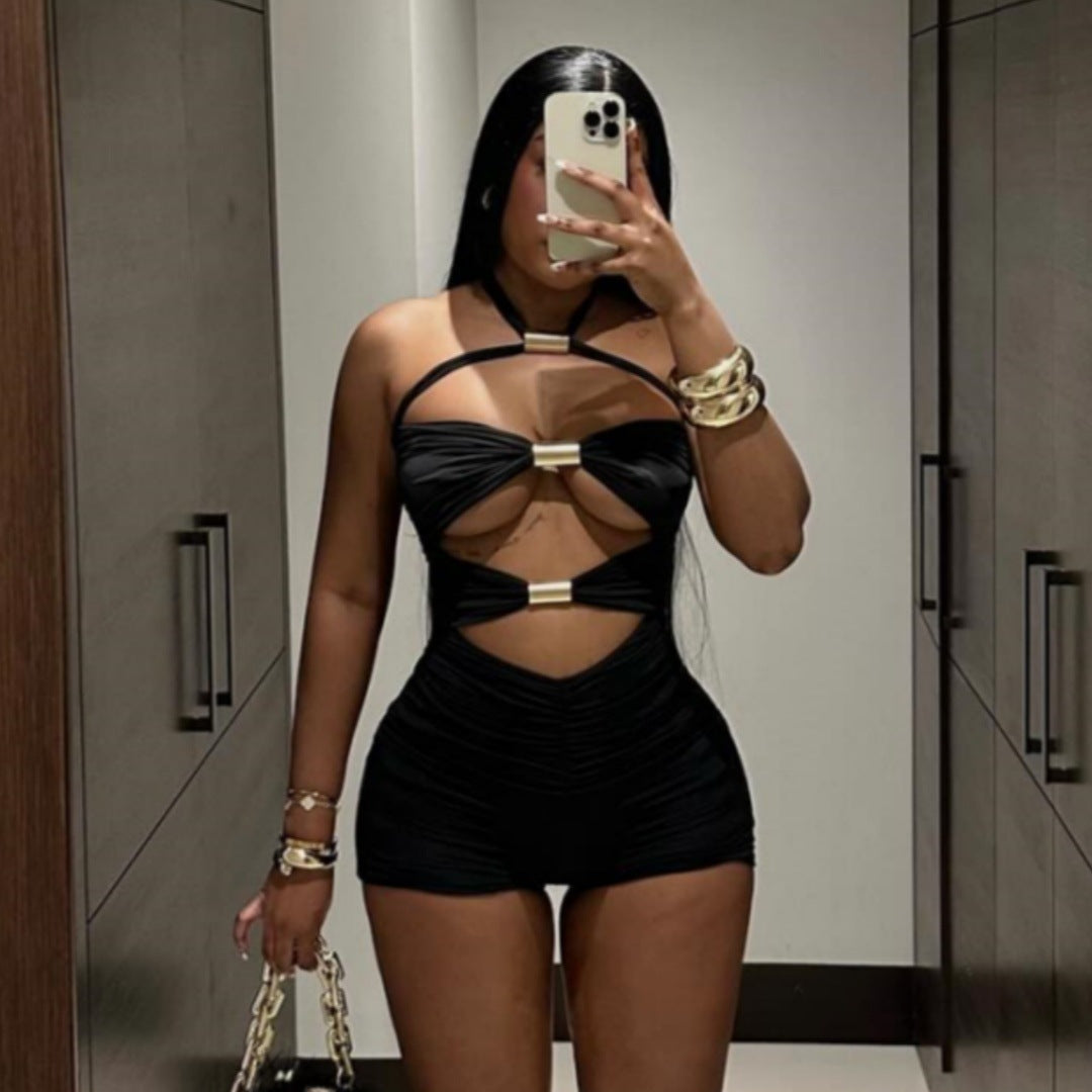 Boho Metal Buckle Halter Cutout Romper