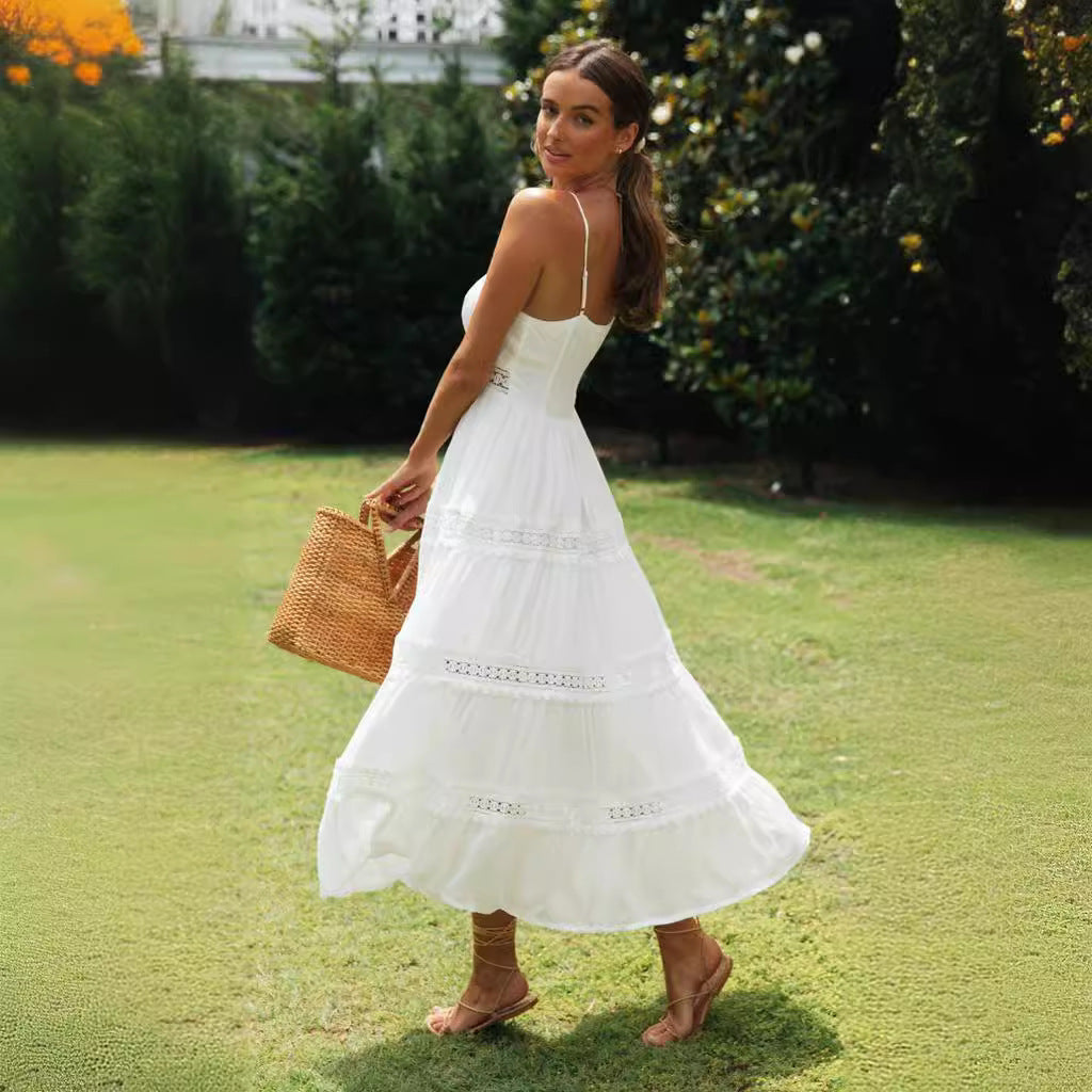 White Lace Patchwork Spaghetti Strap Tiered Dress | Boho Vacation Maxi Dress