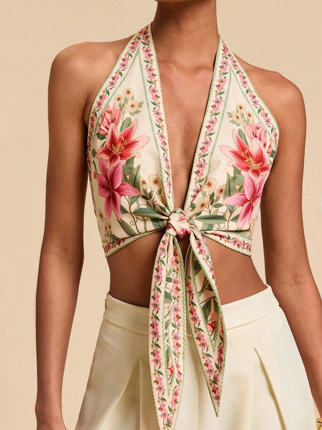 Bohemian Floral Print Halter Tie-Back Cropped Top