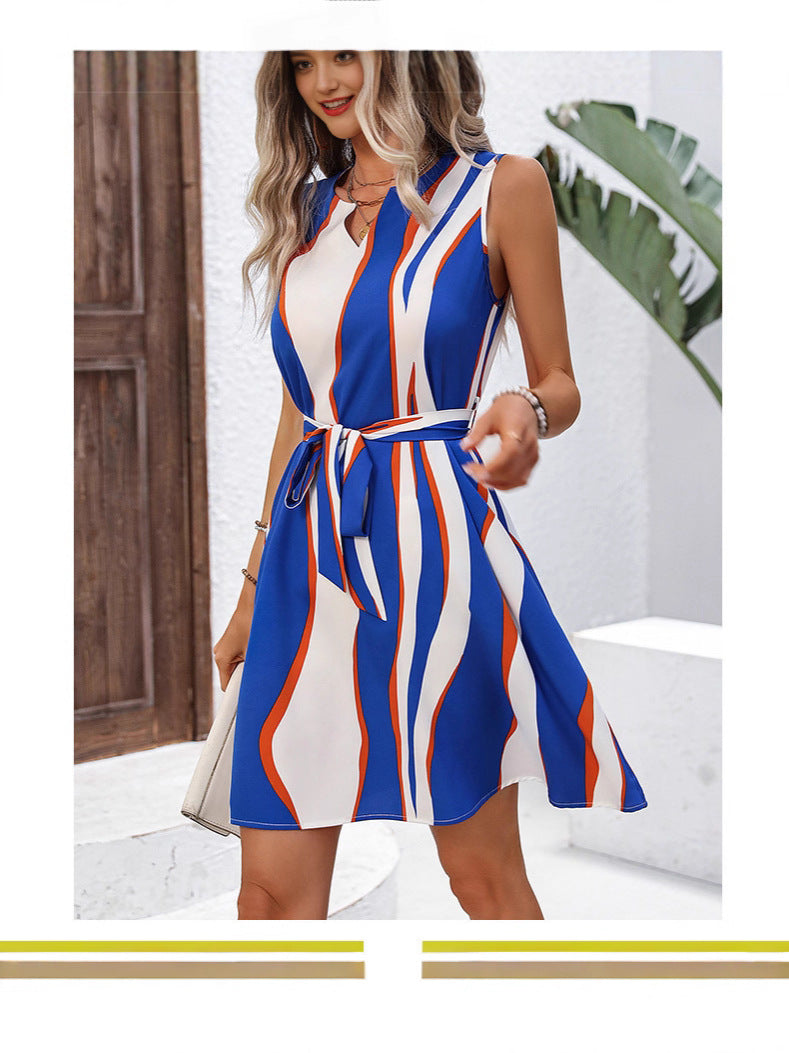 Boho Color Block Stripe V Neck Tie Waist Sleeveless Dress