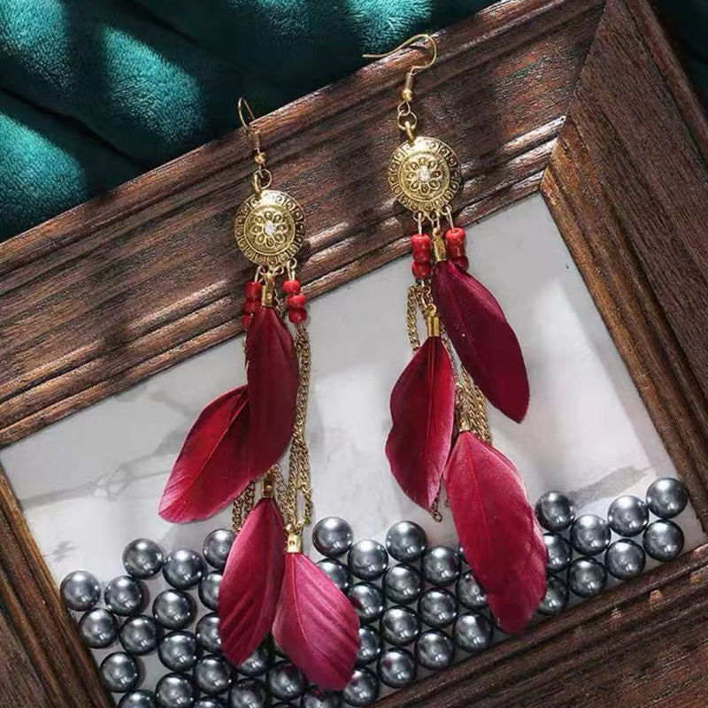 Boho Blue Feather Tassel Earrings | Ethnic Style Niche Design Jewelry