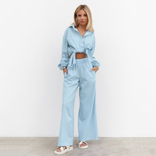3-Color Loose Casual Shirt & Wide Leg Pants Set
