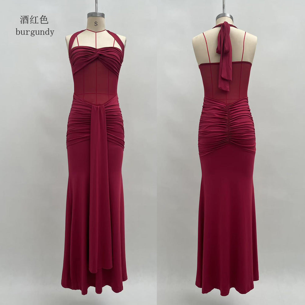 Halter Neck Mesh Panel Twist Waist Mermaid Maxi Dress | Luxury Sexy Evening Gown