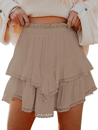 Boho Elastic Waist Tiered Ruffle Lace Trim Loose Mini Skirt