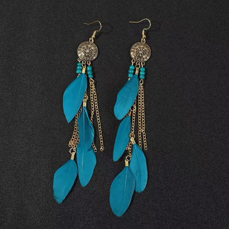 Boho Blue Feather Tassel Earrings | Ethnic Style Niche Design Jewelry
