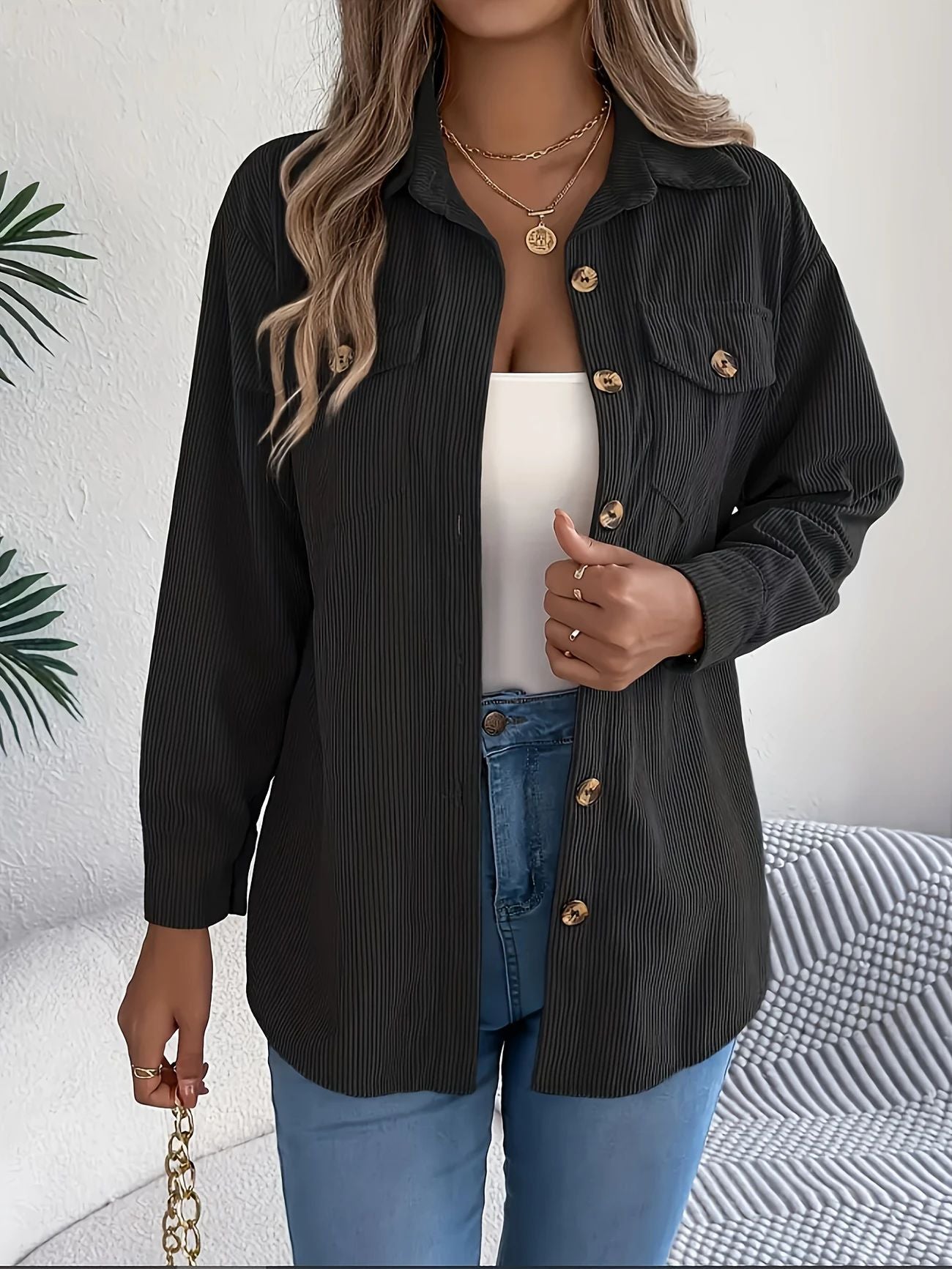Bohemian Corduroy Lapel Single-Breasted Loose Long Sleeve Shirt Jacket
