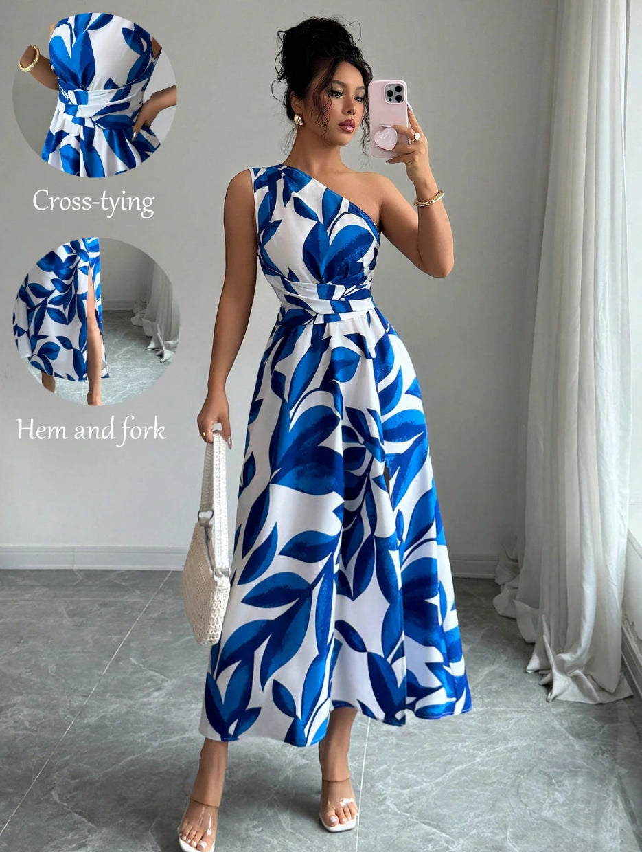 French One Shoulder Leaf Print Waist-Cinching Slit Maxi Dress | Vacation Style Elegant Slimming Tea Dress