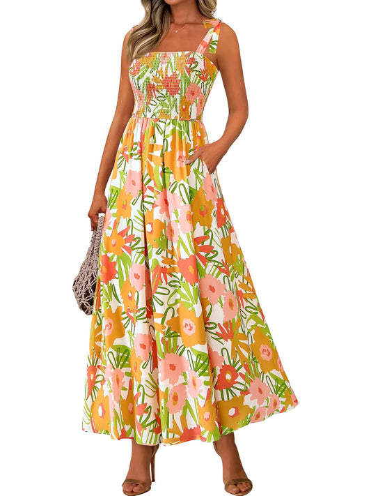 Multi-Color Boho Print Tie-Strap Cami Maxi Dress