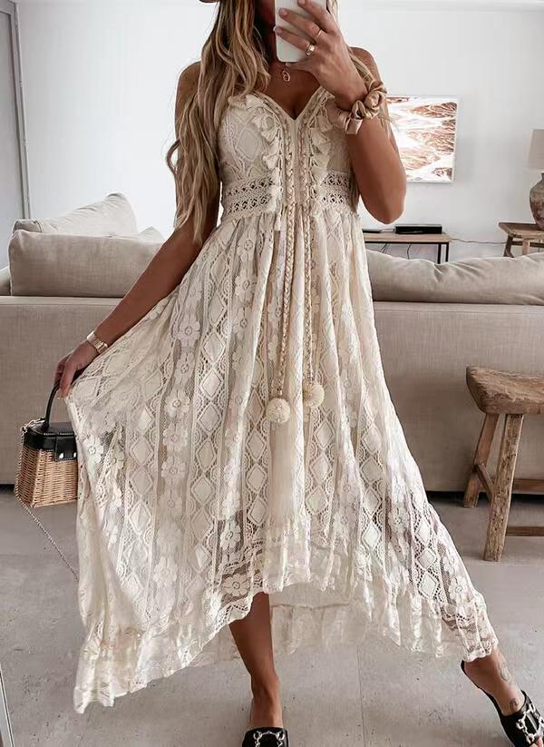 Boho White Lace V-Neck Cami Asymmetrical Maxi Dress | Vacation Style Elegant Waist-Cinching Slimming Dress