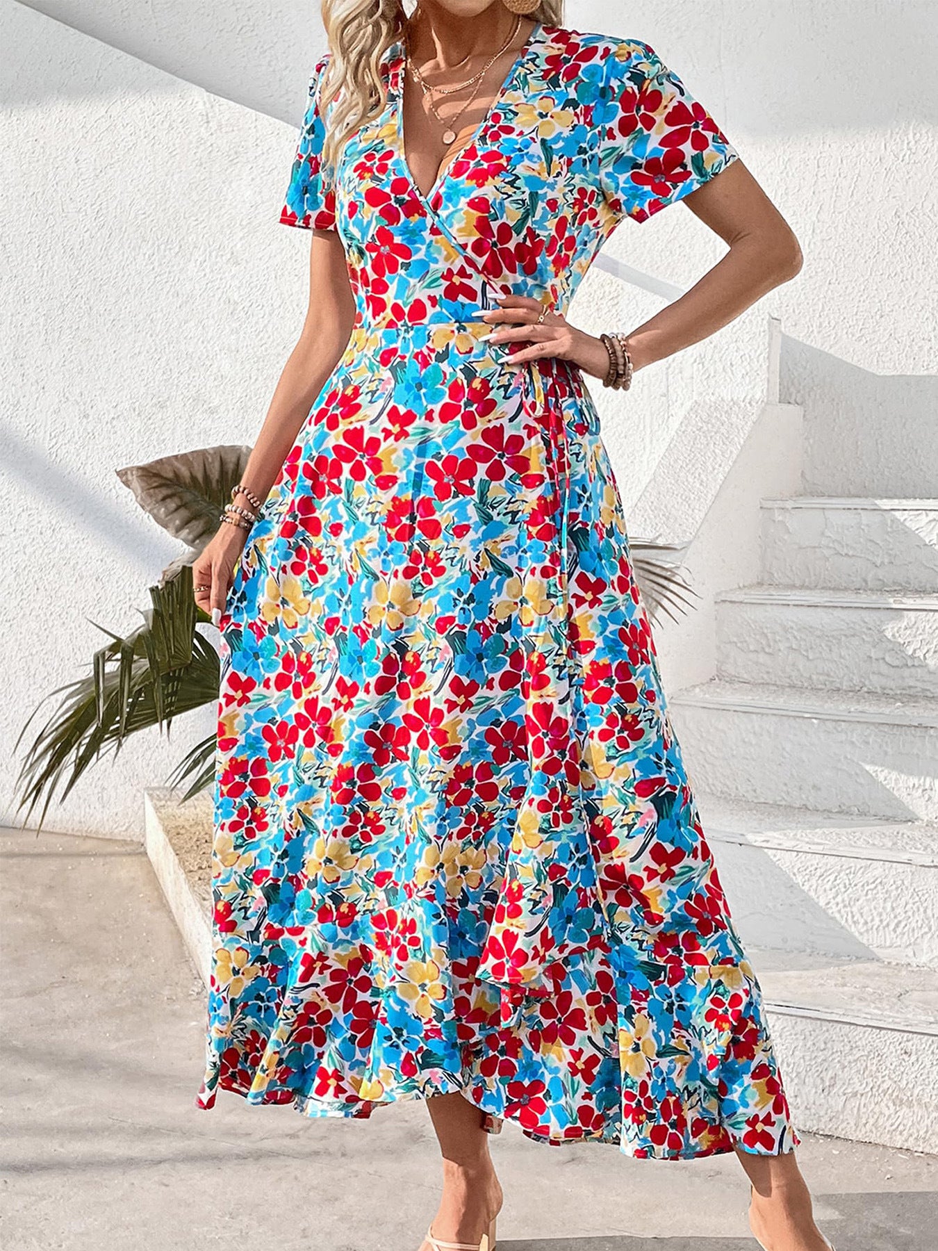Colorful Floral V-Neck Wrap Tie Short Sleeve Midi Dress