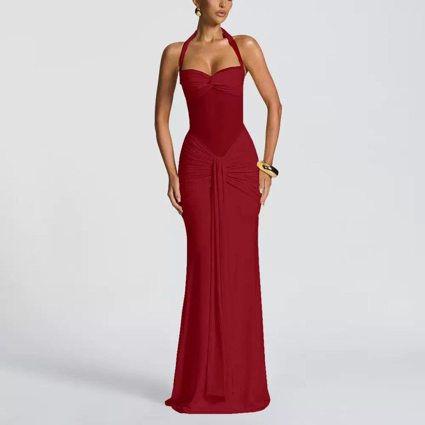 Halter Neck Mesh Panel Twist Waist Mermaid Maxi Dress | Luxury Sexy Evening Gown