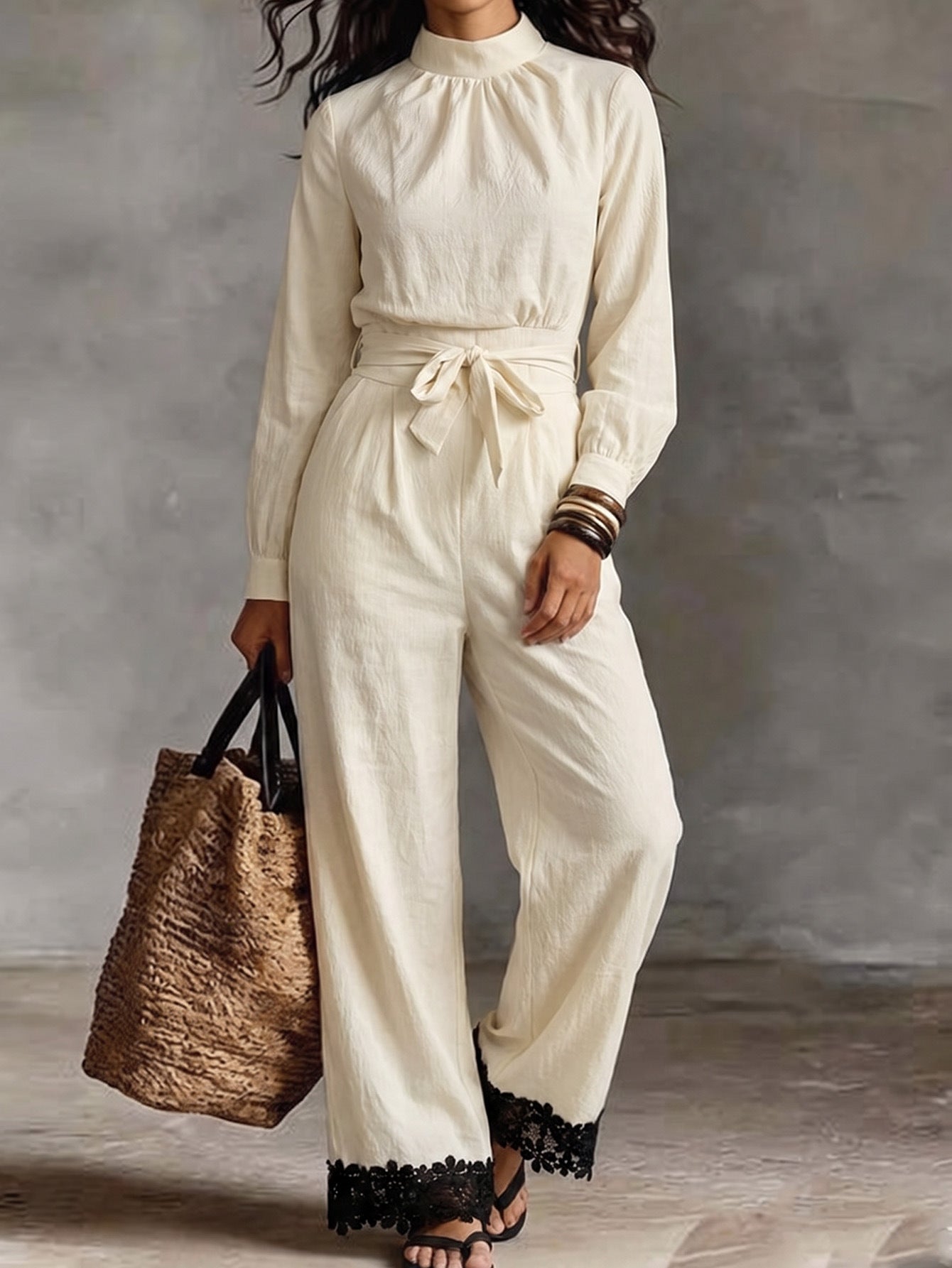 Apricot High Mock Neck Long Sleeve Self-Tie Belt Wide-Leg Contrast Lace Hem Jumpsuit