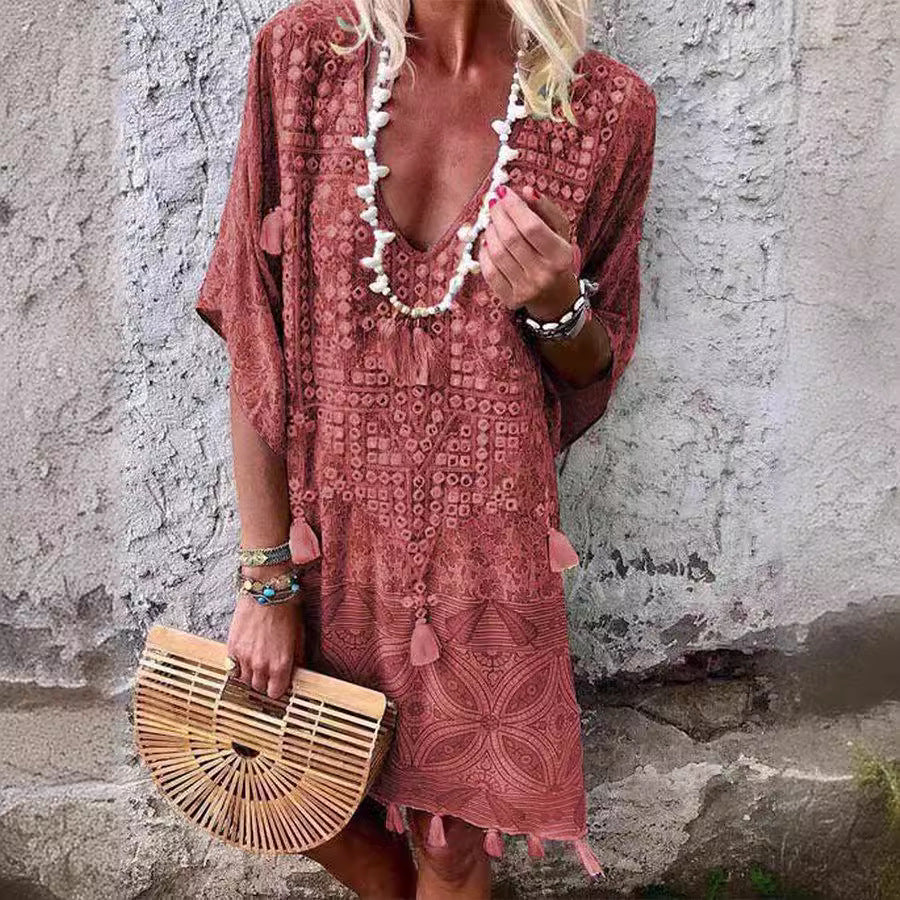 Boho Vintage Tribal Print V-Neck Tassel Loose Midi Dress