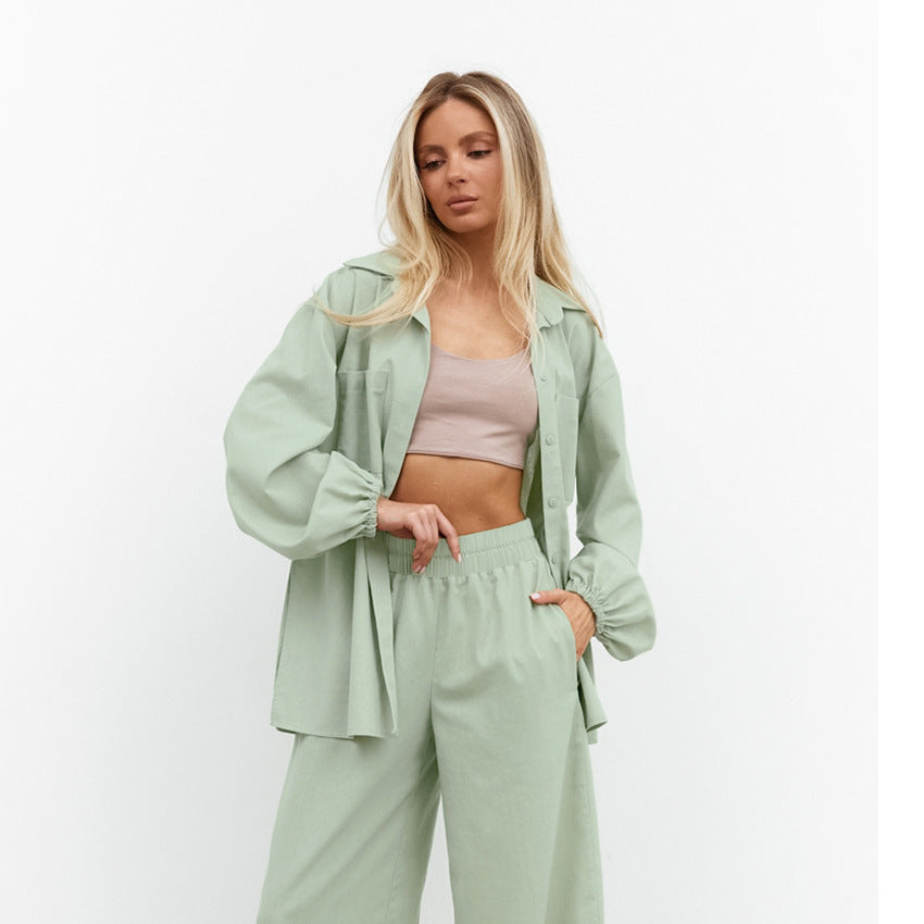 3-Color Loose Casual Shirt & Wide Leg Pants Set