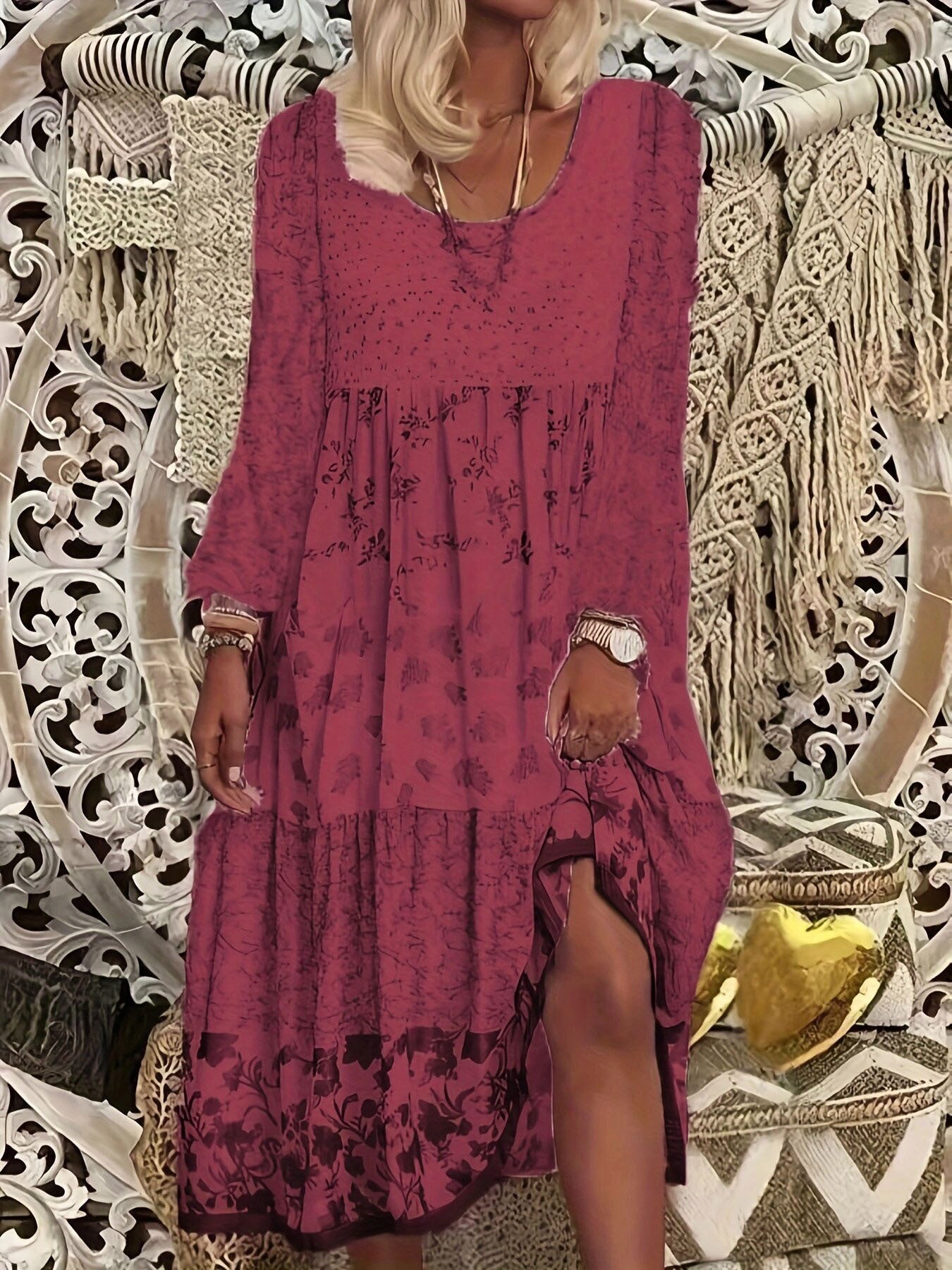 Bohemian Print Patchwork Split Long Sleeve Tiered Maxi Dress