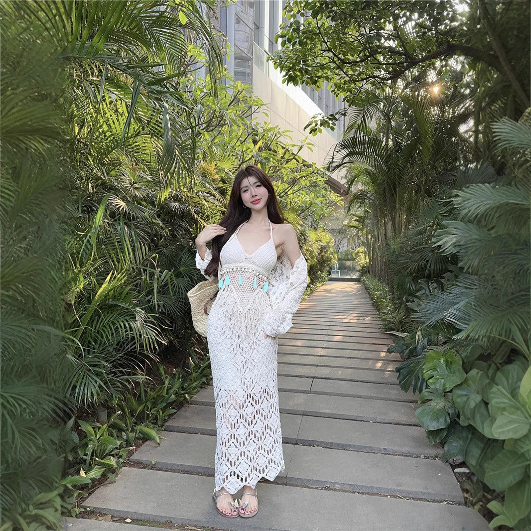 Boho Crochet Lace High Waist Flare Maxi Skirt | Ethnic Style Vacation Slimming A-Line Skirt