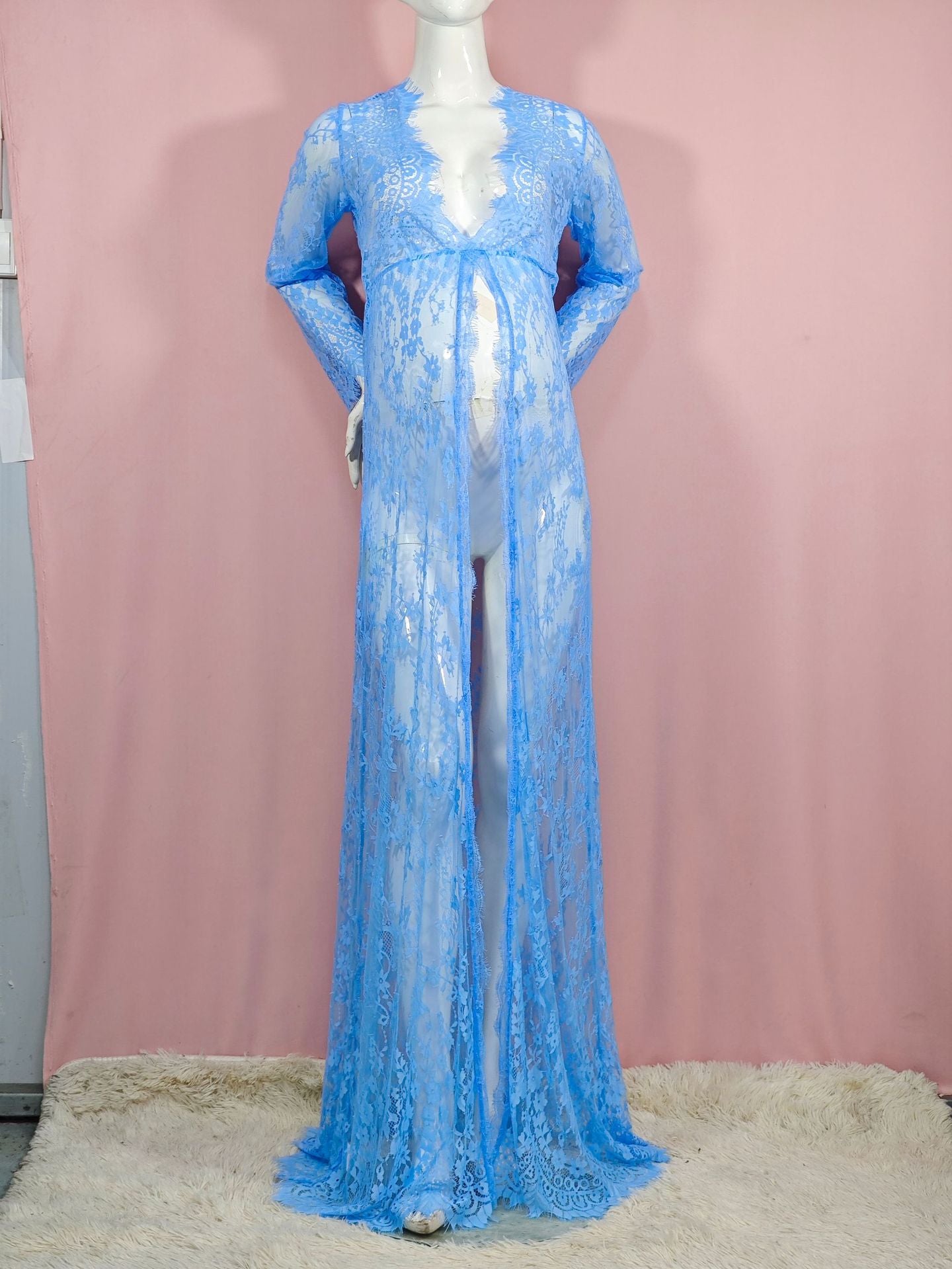 Maternity Photo Shoot Lace Sheer Open Front Maxi Robe