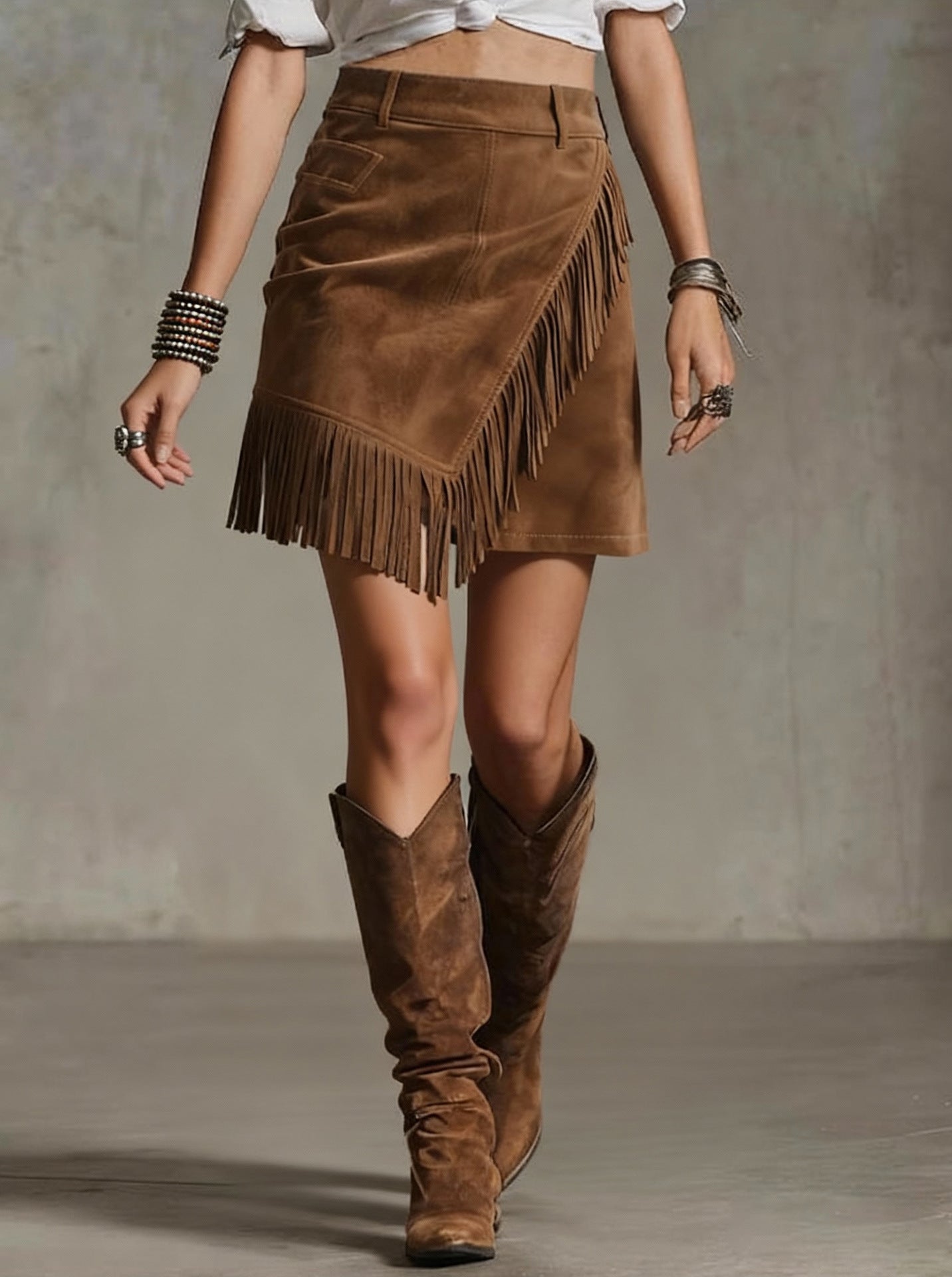 Vintage Western Style Suede Fringe Wrap High Waist Mini Skirt | Y2K Slimming A-Line Skirt