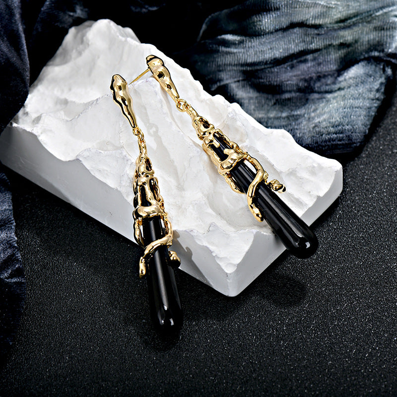 Black Gold Wrapped Teardrop Long Earrings | Vintage Luxury Niche Design Earrings