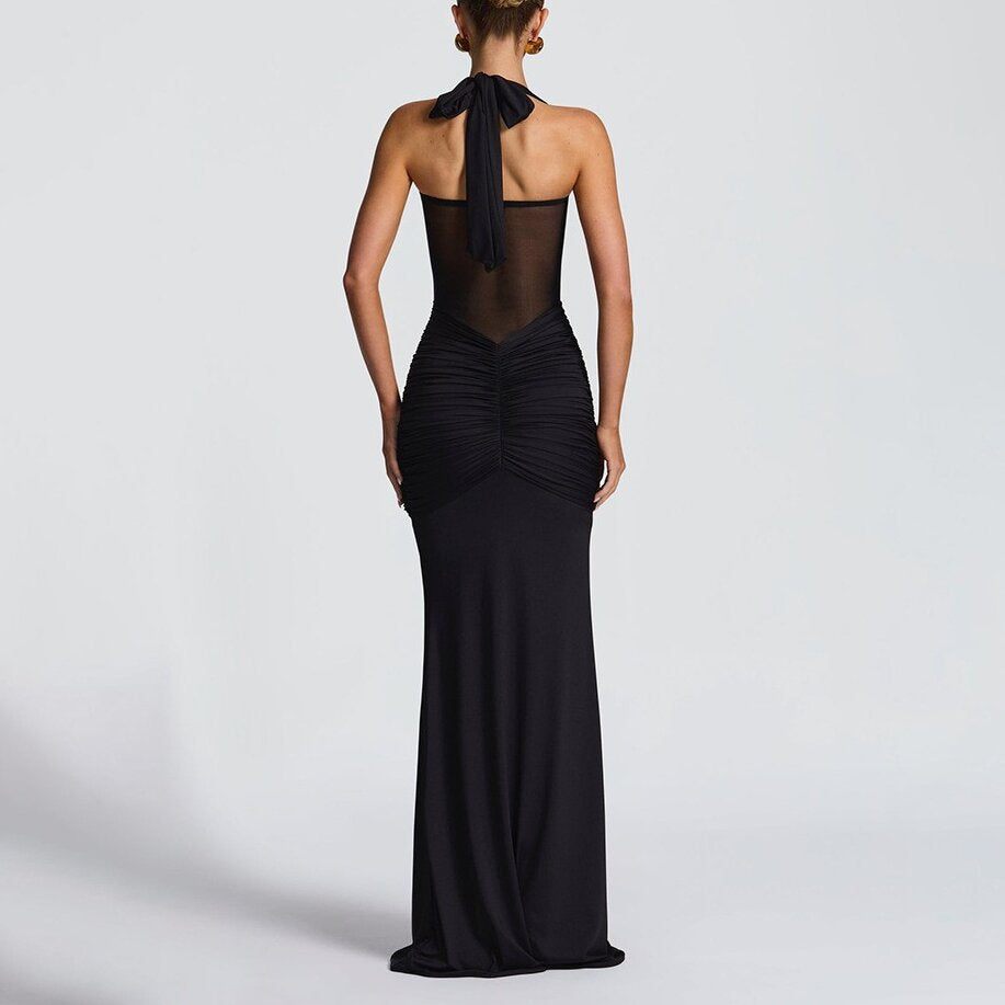 Halter Neck Mesh Panel Twist Waist Mermaid Maxi Dress | Luxury Sexy Evening Gown