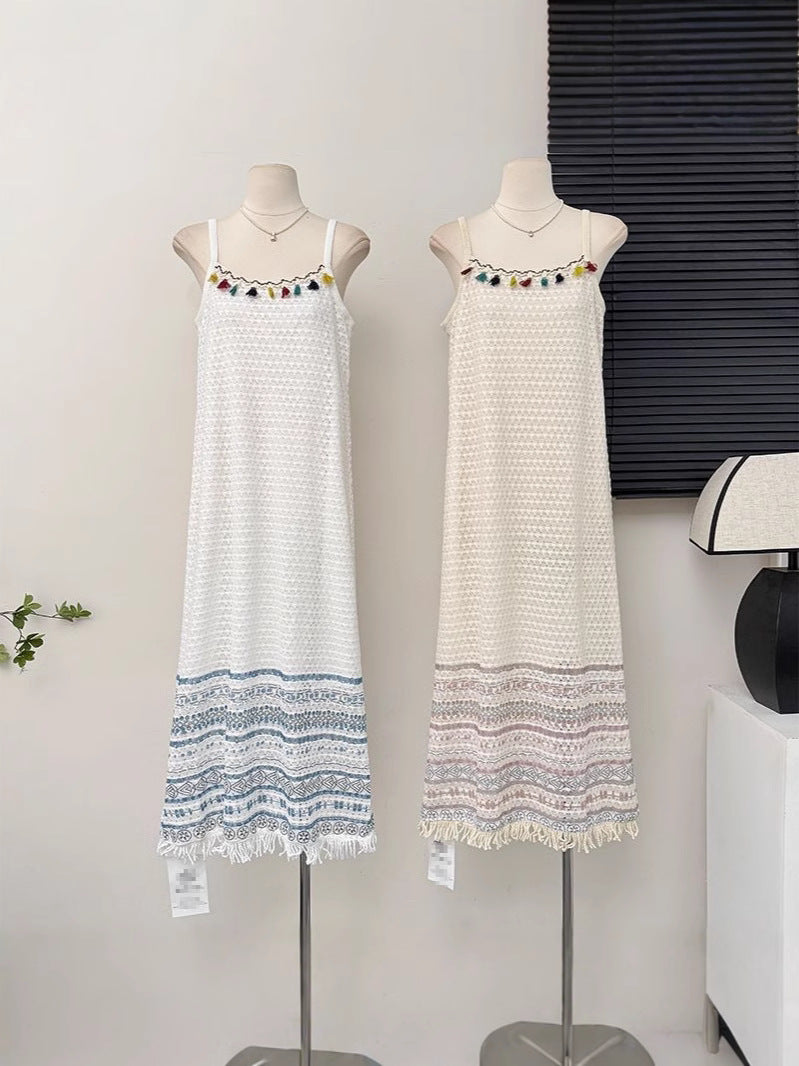Boho Color Tassel Fringe Jacquard Cami Maxi Dress | Ethnic Style Vacation Loose Slimming Dress