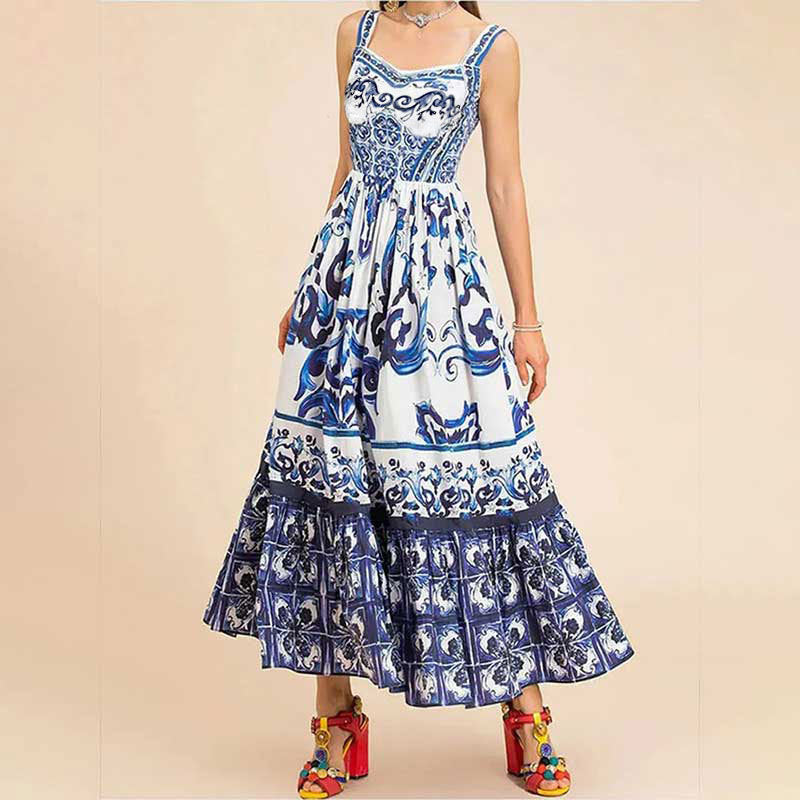 Sicilian Style Blue and White Porcelain Print Spaghetti Strap Maxi Dress | Vacation Style High Waist Tiered Dress