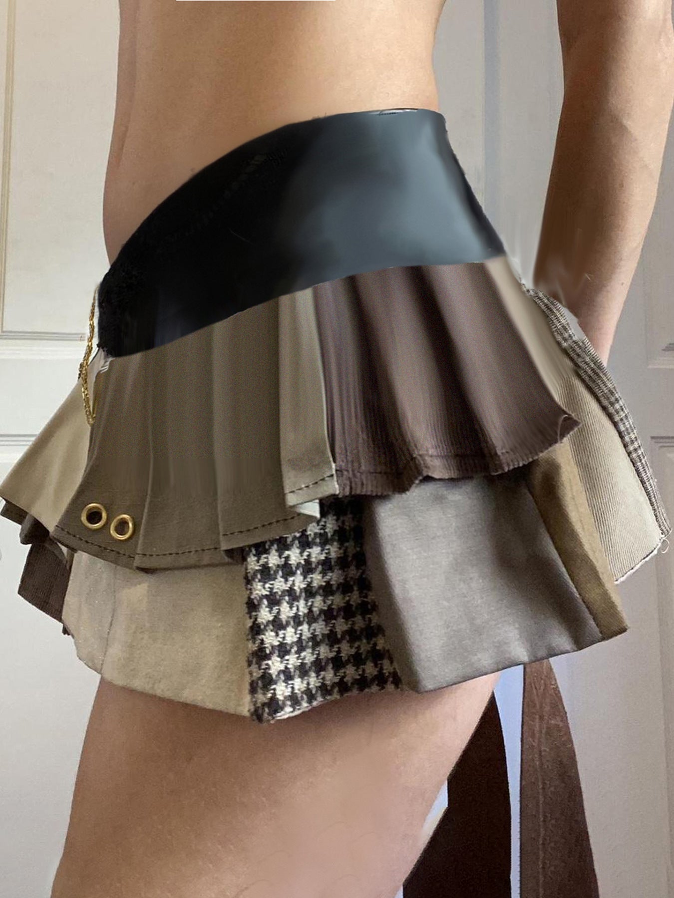 Patchwork Grunge Bohemian Irregular Pleated Micro Mini Skirt