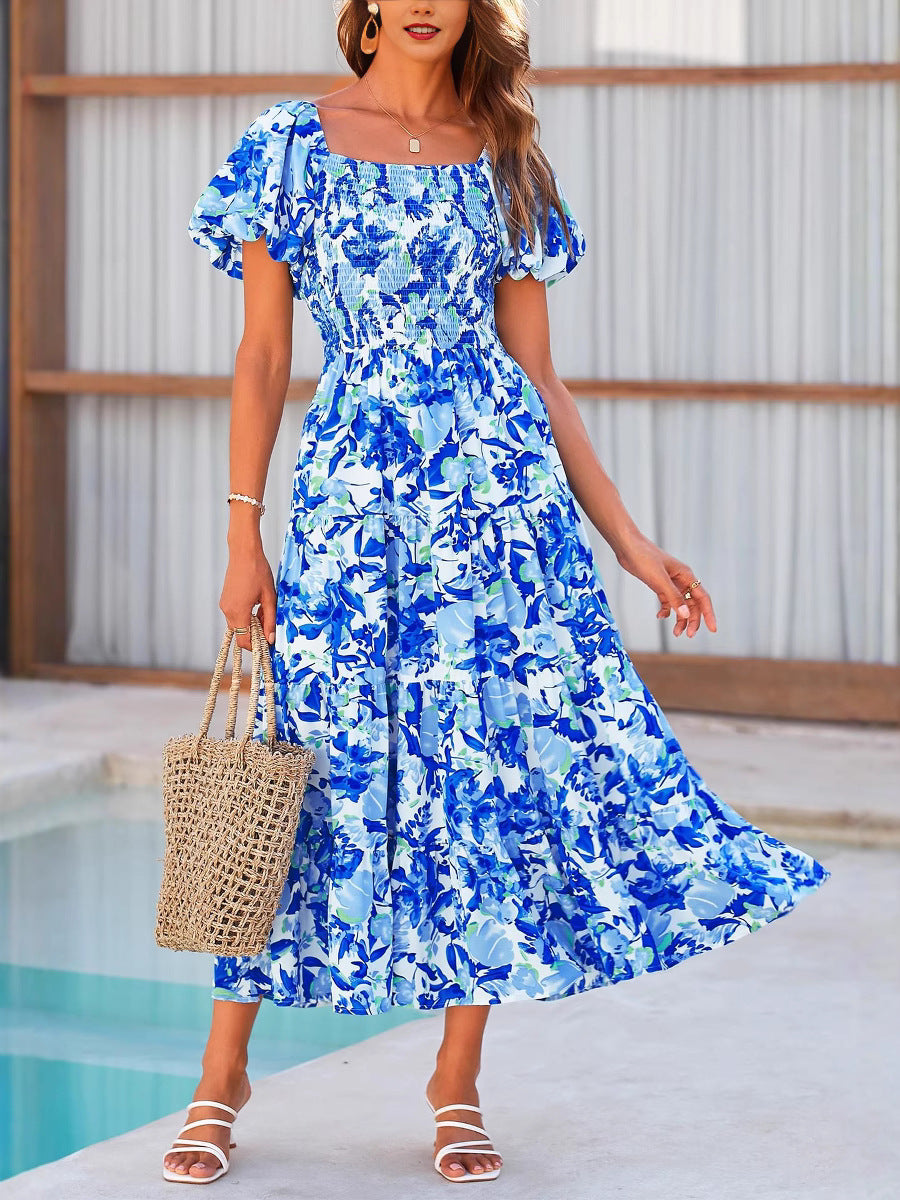Blue & White Floral Square Neck/Off-Shoulder Puff Sleeve Tiered Midi Dress