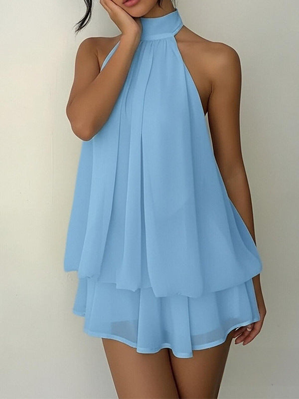 Boho Halter Neck Double Layer Ruffle Chiffon Loose Mini Dress