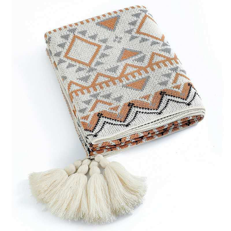 Boho Geometric Jacquard Pom Pom Knitted Throw Blanket | Ethnic Style Decorative Blanket