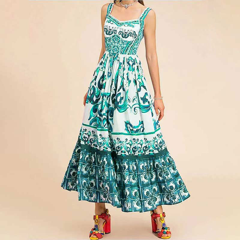 Sicilian Style Blue and White Porcelain Print Spaghetti Strap Maxi Dress | Vacation Style High Waist Tiered Dress