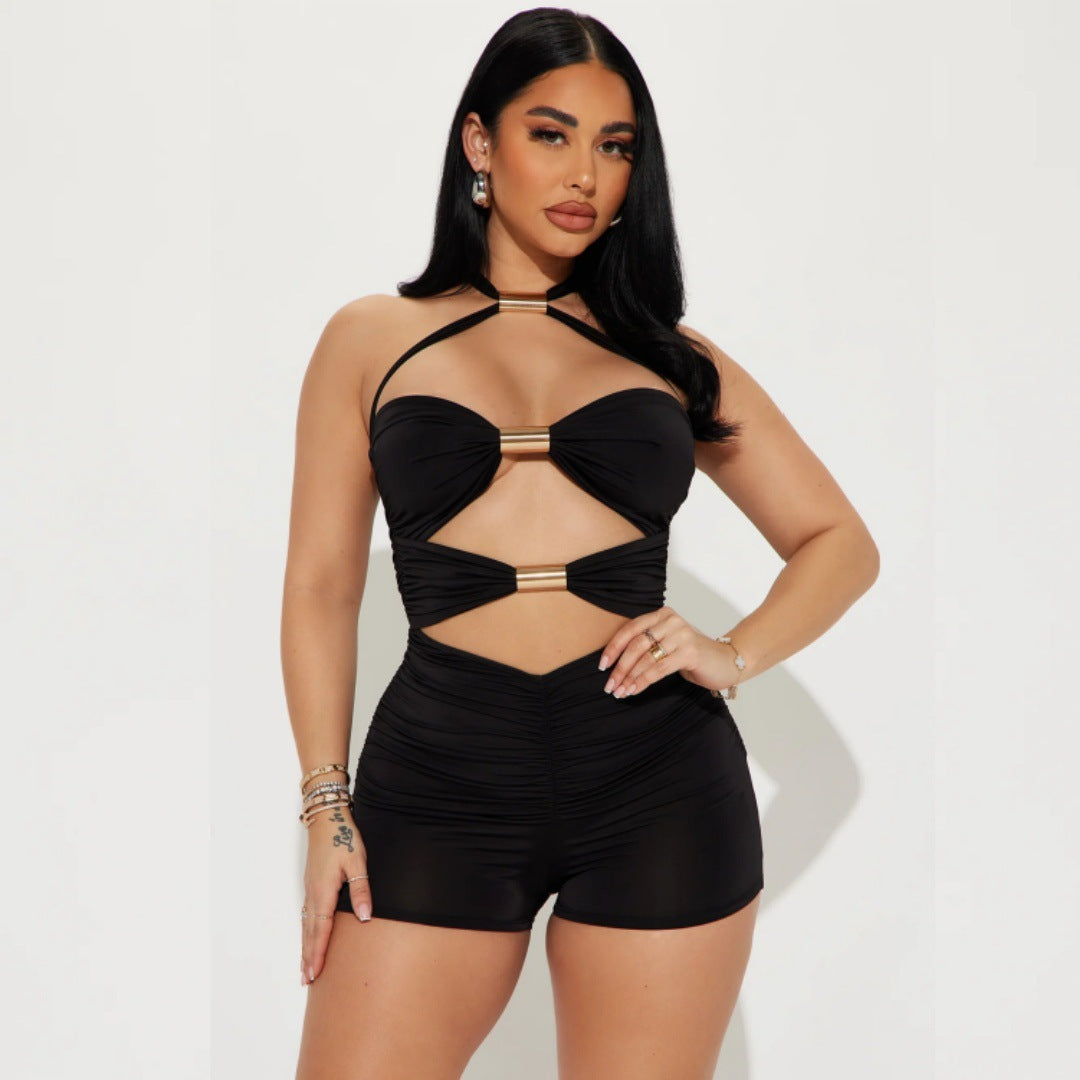 Boho Metal Buckle Halter Cutout Romper