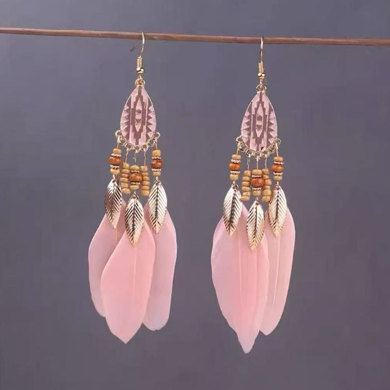 Boho Blue Feather Tassel Earrings | Ethnic Style Niche Design Jewelry