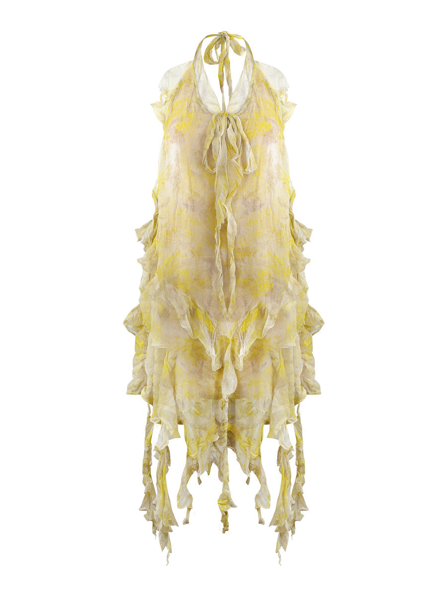 Yellow White Tie Dye Halter Ruffle Fringe Mini Dress | Vacation Style Irregular Chiffon Dress