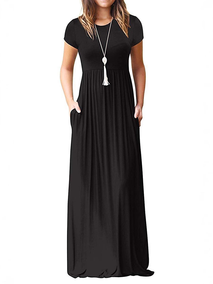 Multi-Color Round Neck Short Sleeve Waisted Maxi Dress