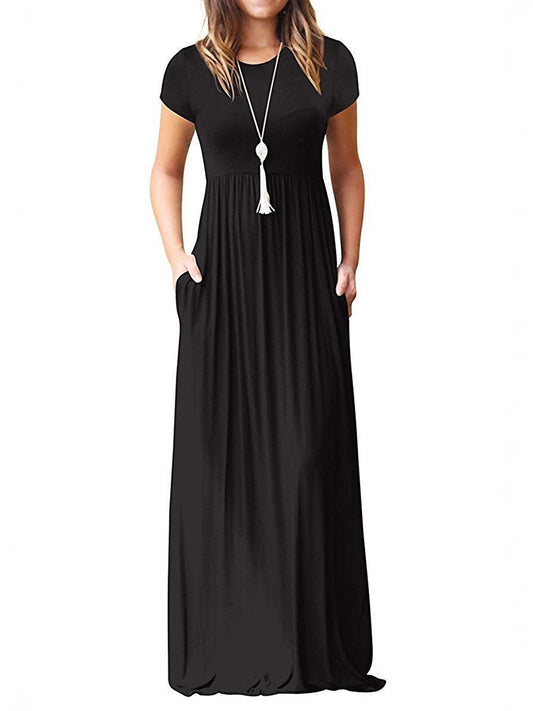 Multi-Color Round Neck Short Sleeve Waisted Maxi Dress