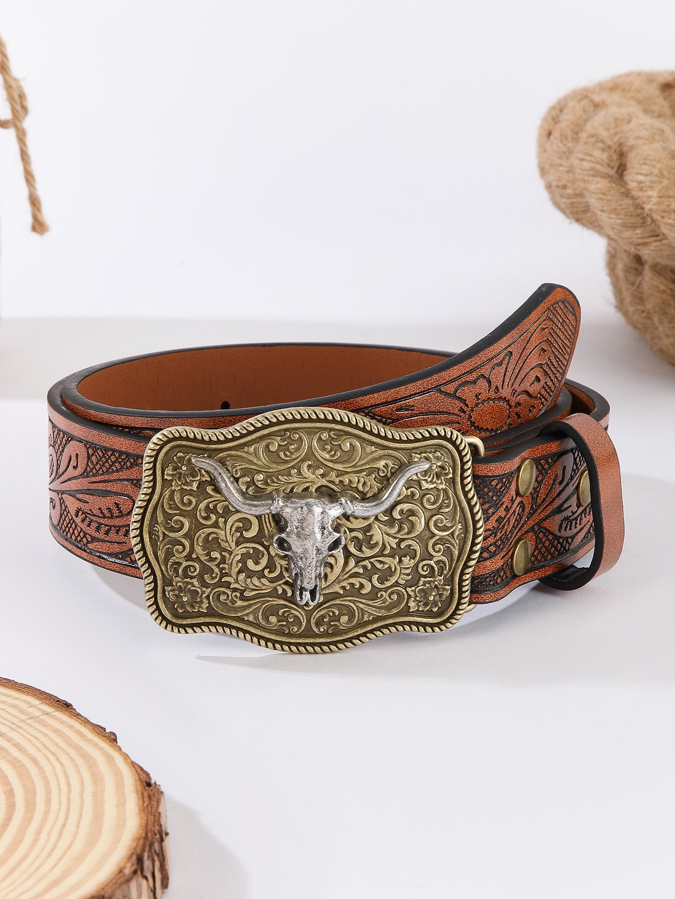 Western Cowboy Style Bull Head Carved Belt | Vintage Embossed Personalized Leather Belt