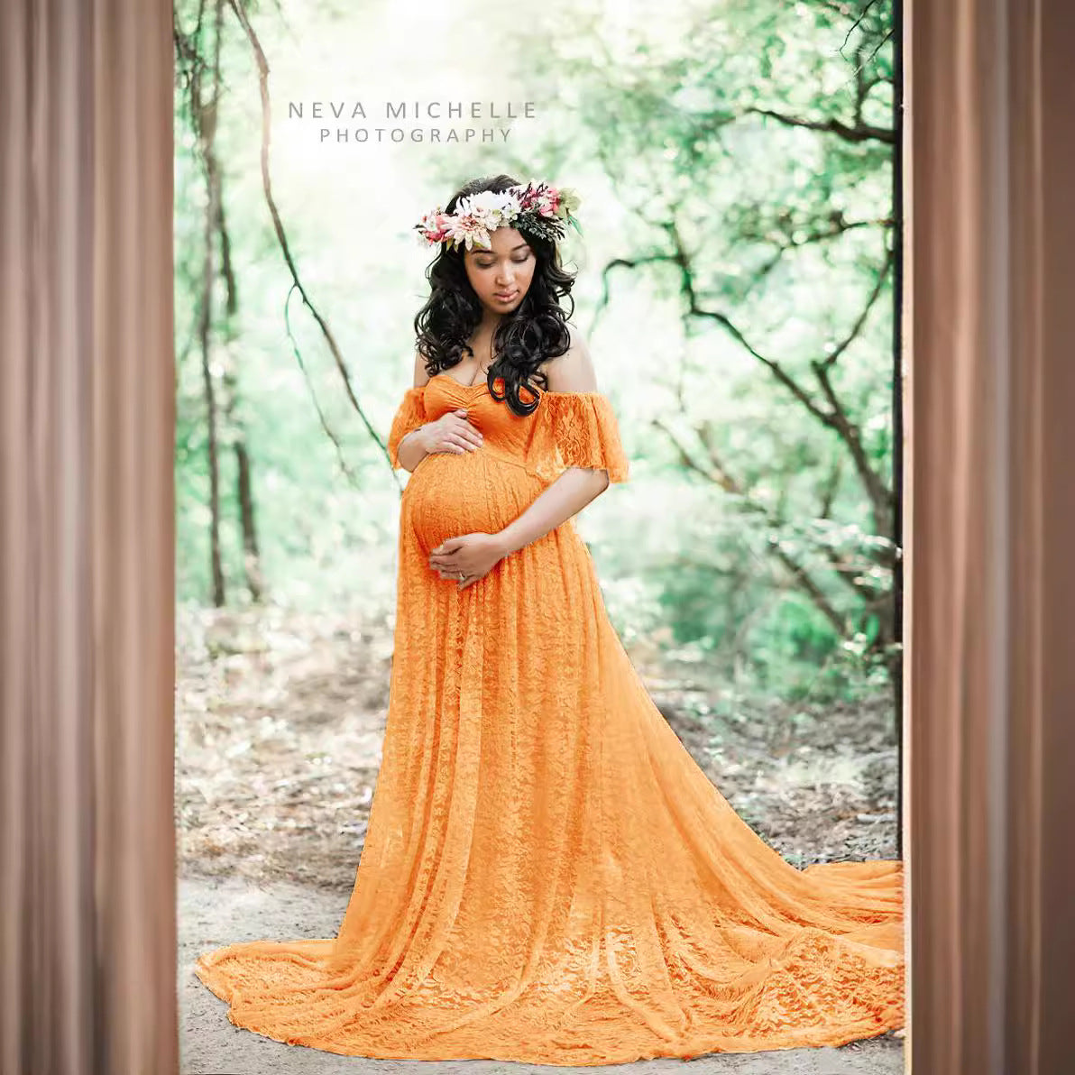 Maternity Photo Shoot Off Shoulder Lace Trailing Maxi Dress