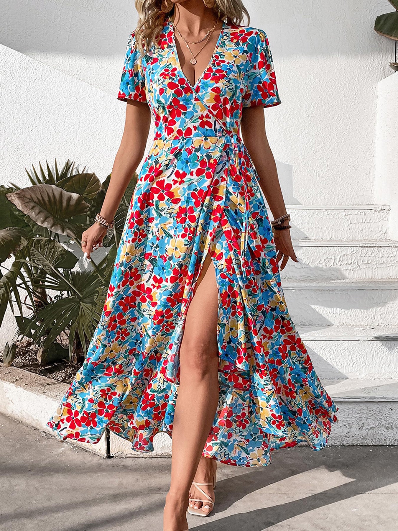 Colorful Floral V-Neck Wrap Tie Short Sleeve Midi Dress