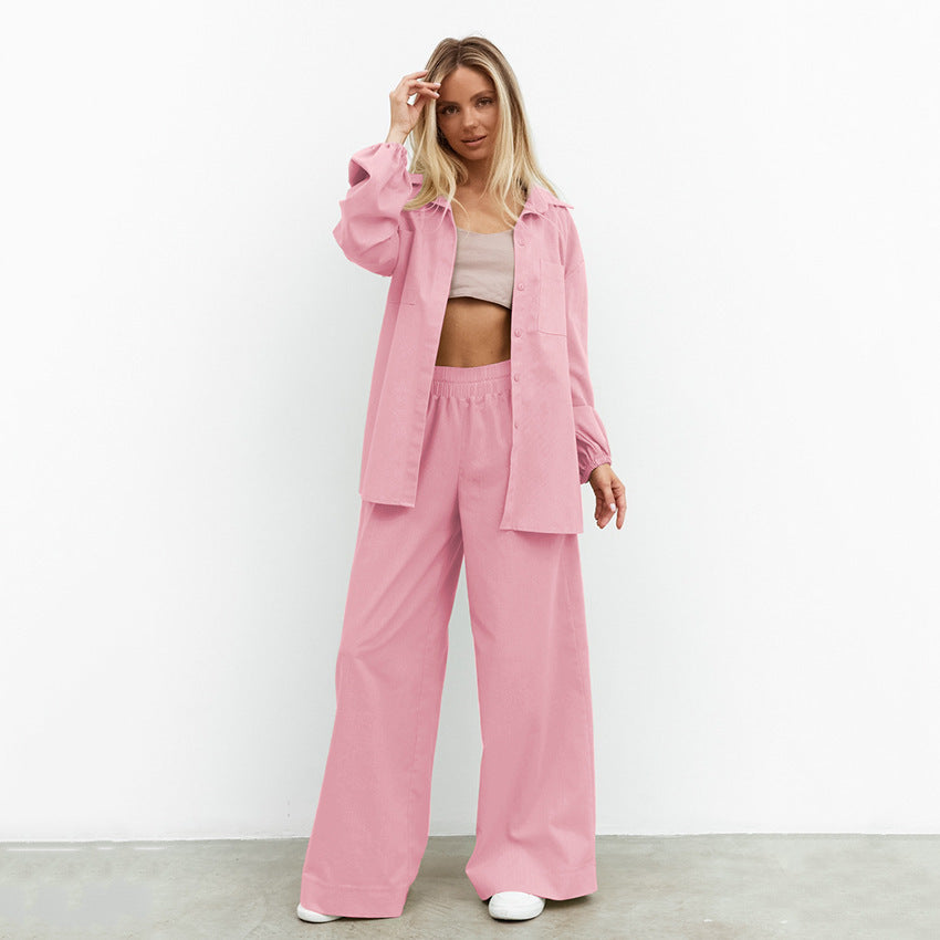 3-Color Loose Casual Shirt & Wide Leg Pants Set