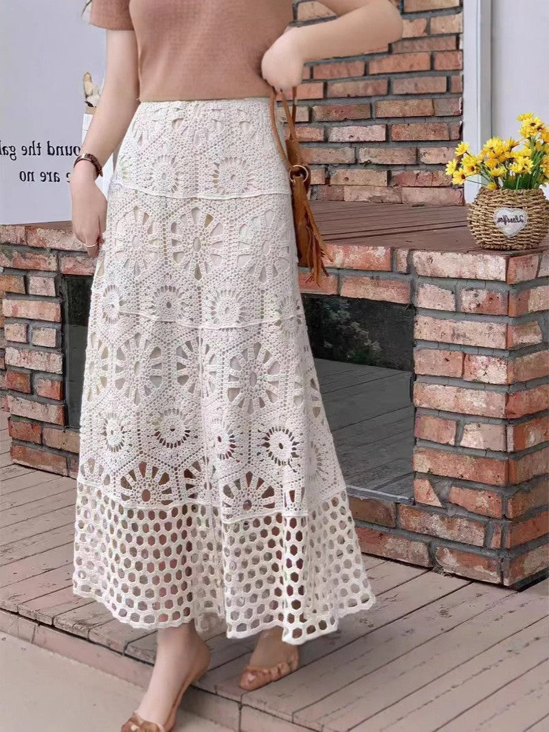 Boho Crochet Lace High Waist Flare Maxi Skirt | Ethnic Style Vacation Slimming A-Line Skirt