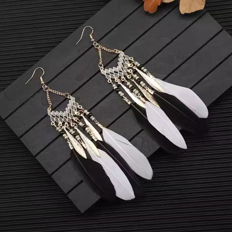 Boho Blue Feather Tassel Earrings | Ethnic Style Niche Design Jewelry