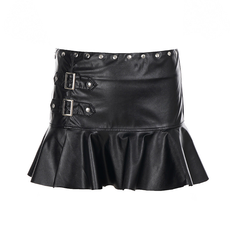 Y2K Style Metal Button/Studded/Belt/Bow Decorated PU Leather Mini Skirt Collection