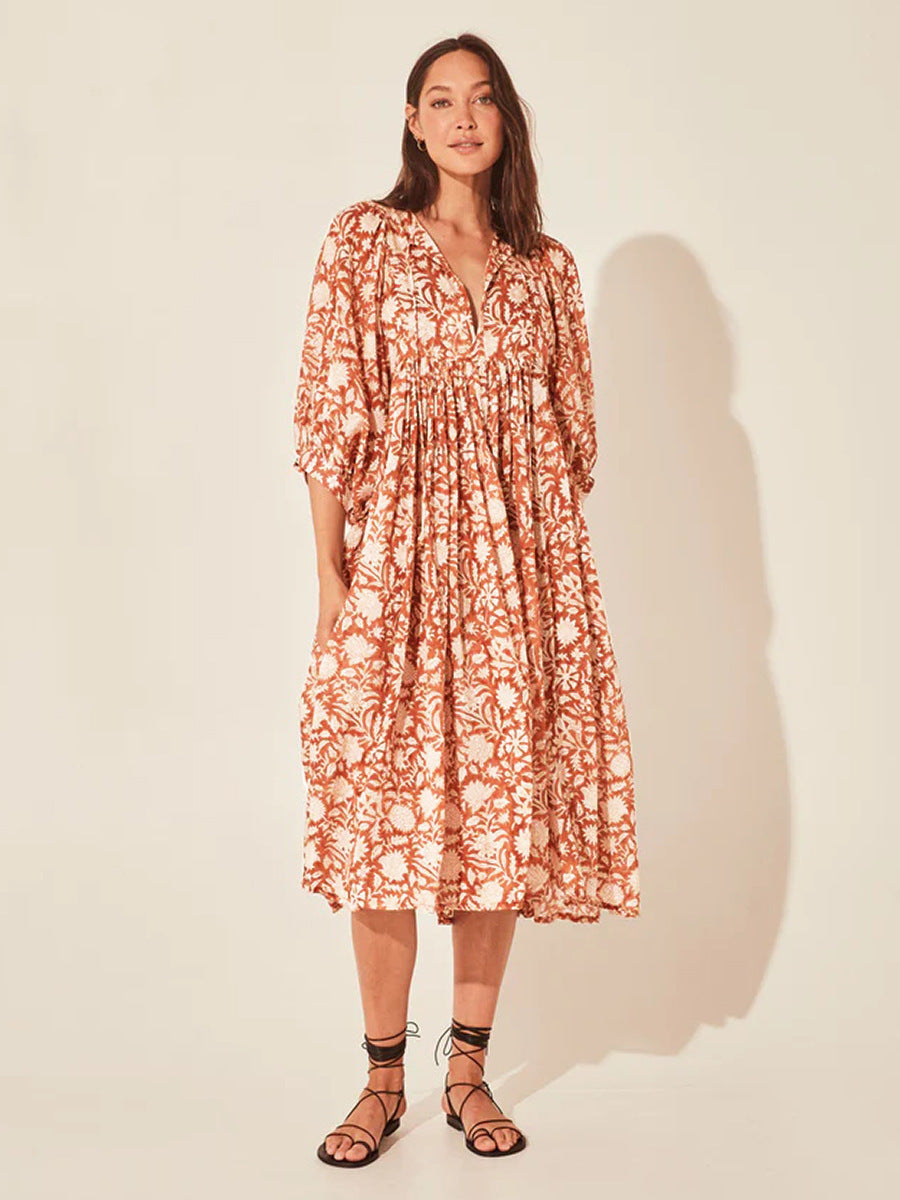 Bohemian Puff Sleeve Floral Maxi Dress | Vacation Style V-Neck Tie Dress