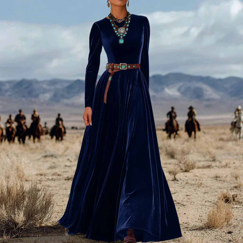 American Western Style Velvet Waist-Cinching Flare Maxi Dress
