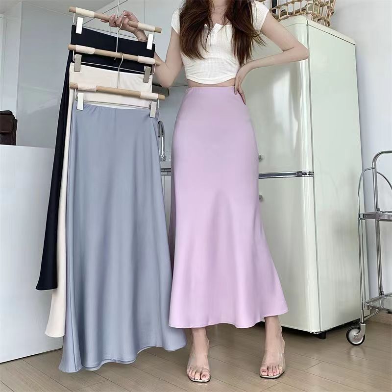 French Satin High Waist Slim Fit Mermaid Maxi Skirt | Elegant Commuter Drape A-Line Flare Skirt
